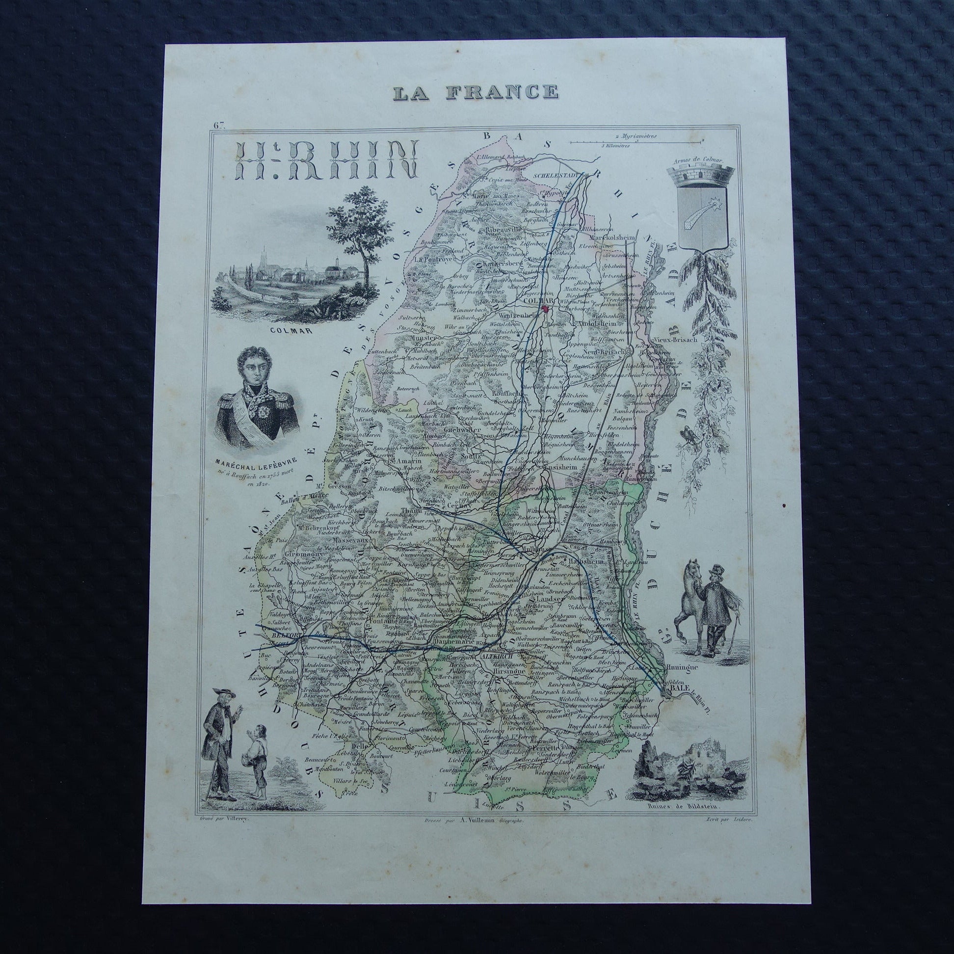 Oude kaart van Haut-Rhin departement Frankrijk Elzas uit 1856 originele antieke handgekleurde landkaart Colmar