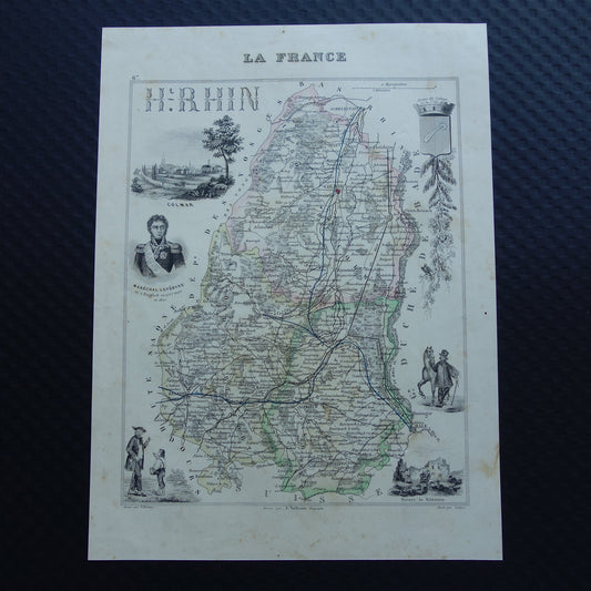 Oude kaart van Haut-Rhin departement Frankrijk Elzas uit 1856 originele antieke handgekleurde landkaart Colmar