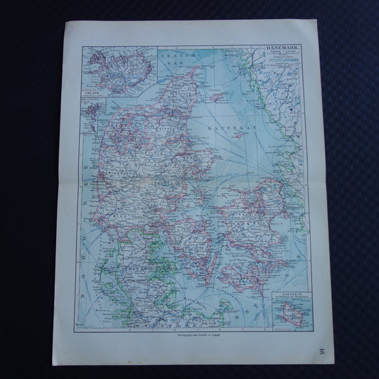 DENEMARKEN oude kaart van Denemarken uit 1913 originele antieke landkaart