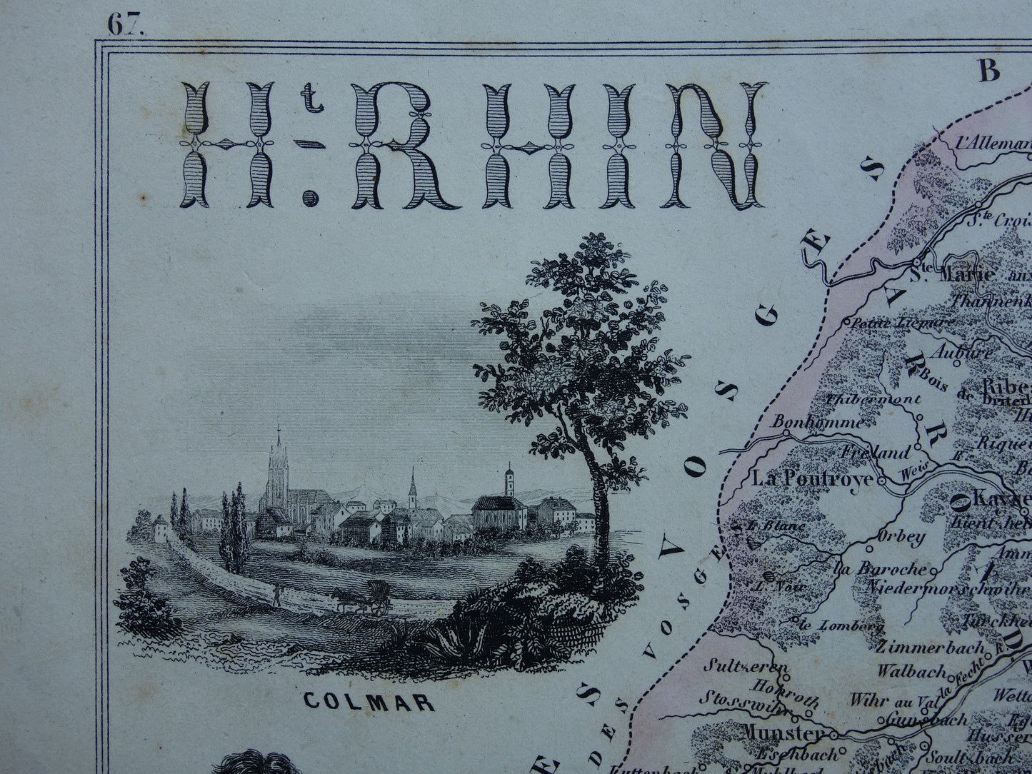 Old map of Haut-Rhin department France Alsace from 1856 original antique hand-colored map Colmar