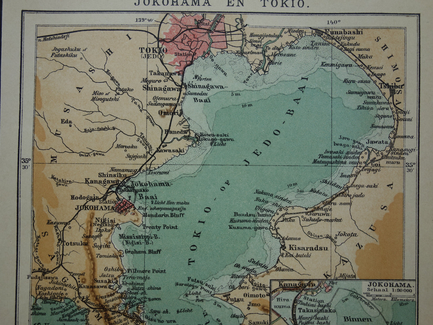 Old map of Tokyo Yokohama Japan original small antique Dutch map Tokyo Bay
