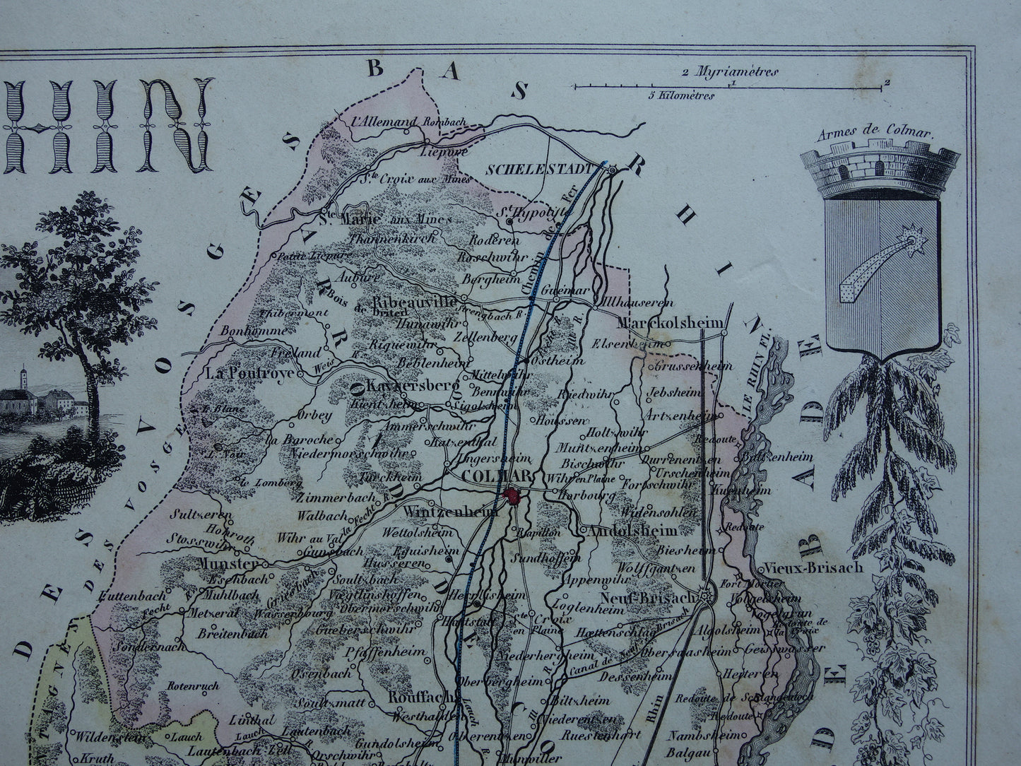 Old map of Haut-Rhin department France Alsace from 1856 original antique hand-colored map Colmar