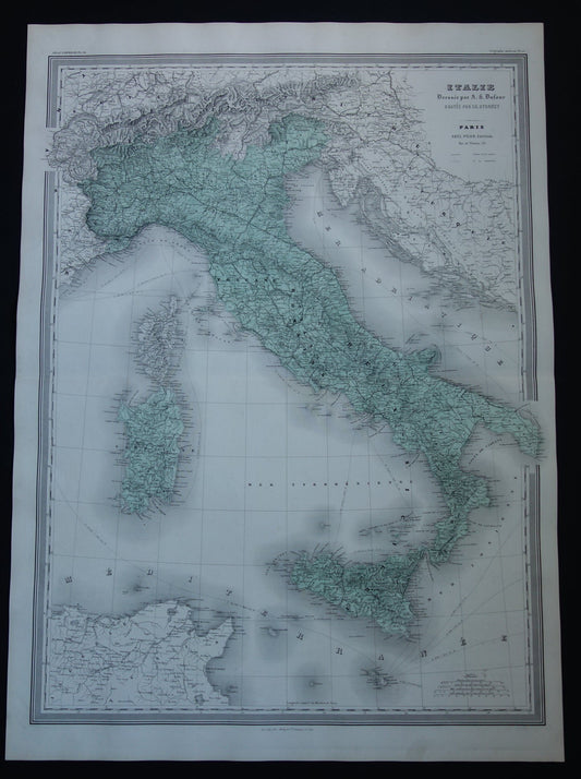 Grote oude landkaart van Italië 1880 originele antieke kaart van Koninkrijk Italië 60 x 82 te koop vintage poster