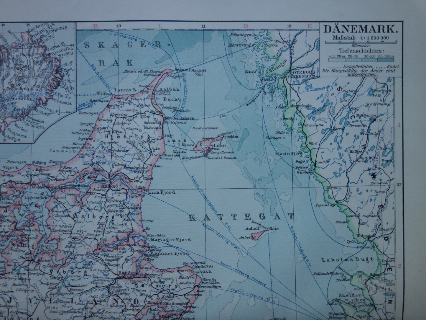 DENMARK old map of Denmark from 1913 original antique map