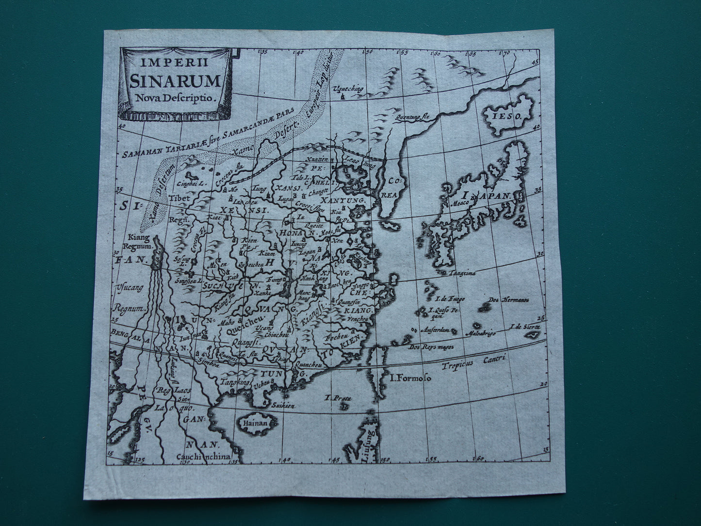 360+ jaar oude kaart van China en Japan 1661 originele antieke landkaart klein formaat