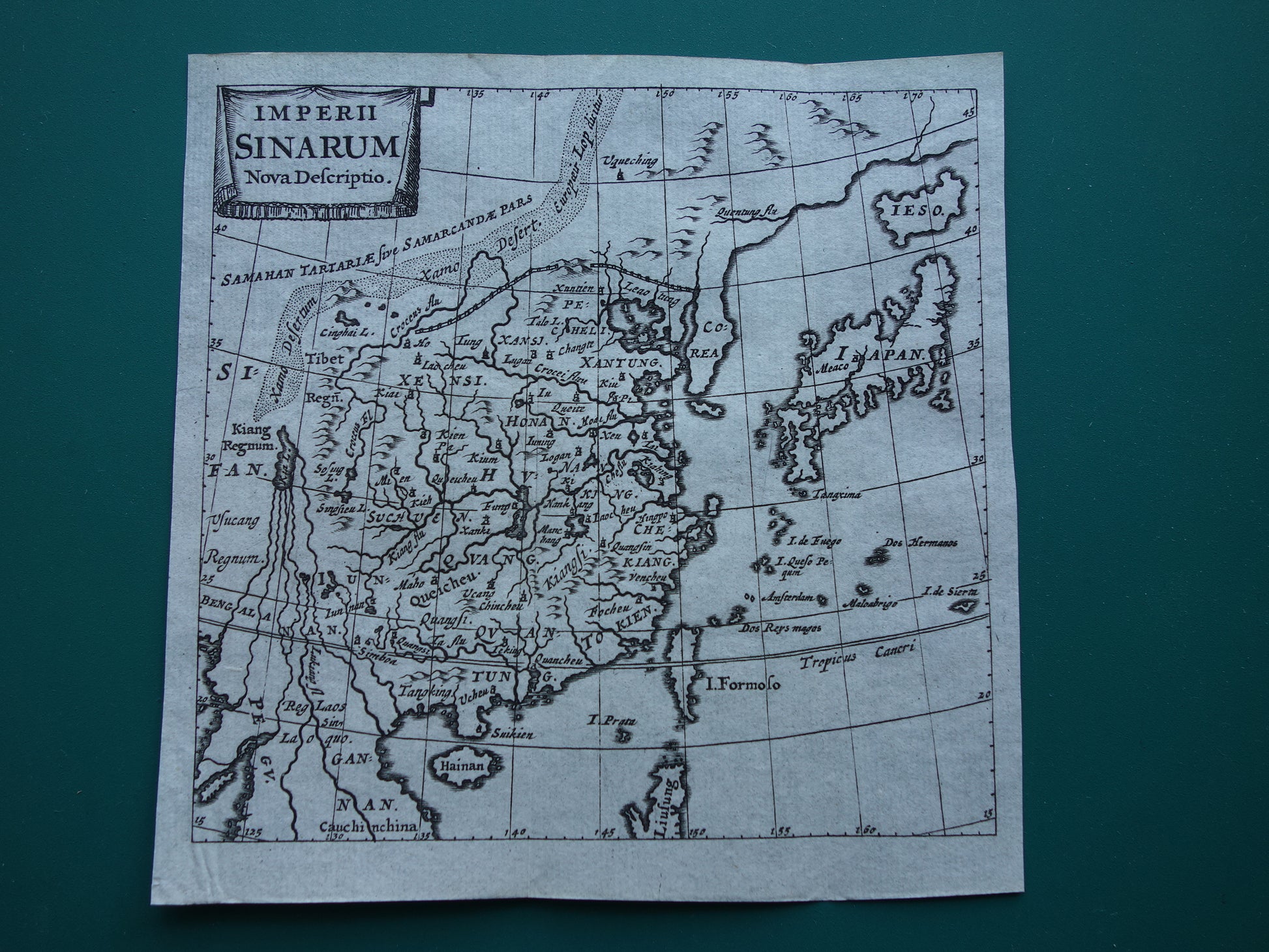 360+ jaar oude kaart van China en Japan 1661 originele antieke landkaart klein formaat