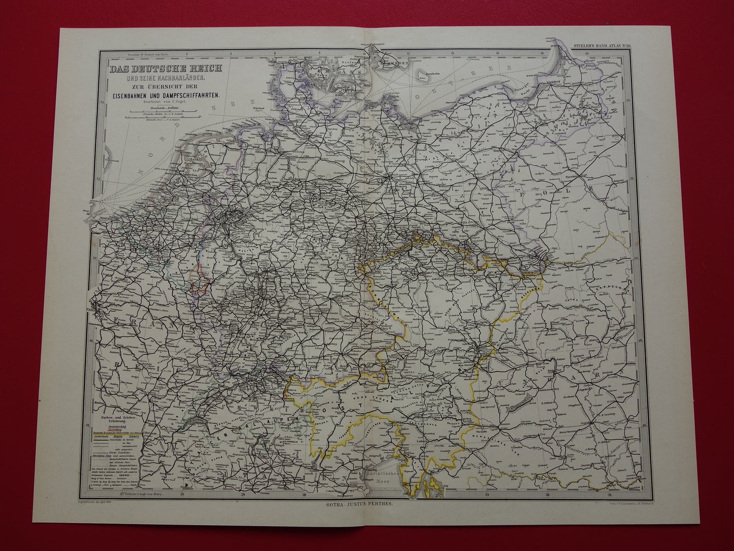Antique map of Railways in Netherlands Germany original 140+ year old map railway lines central Europe railway map