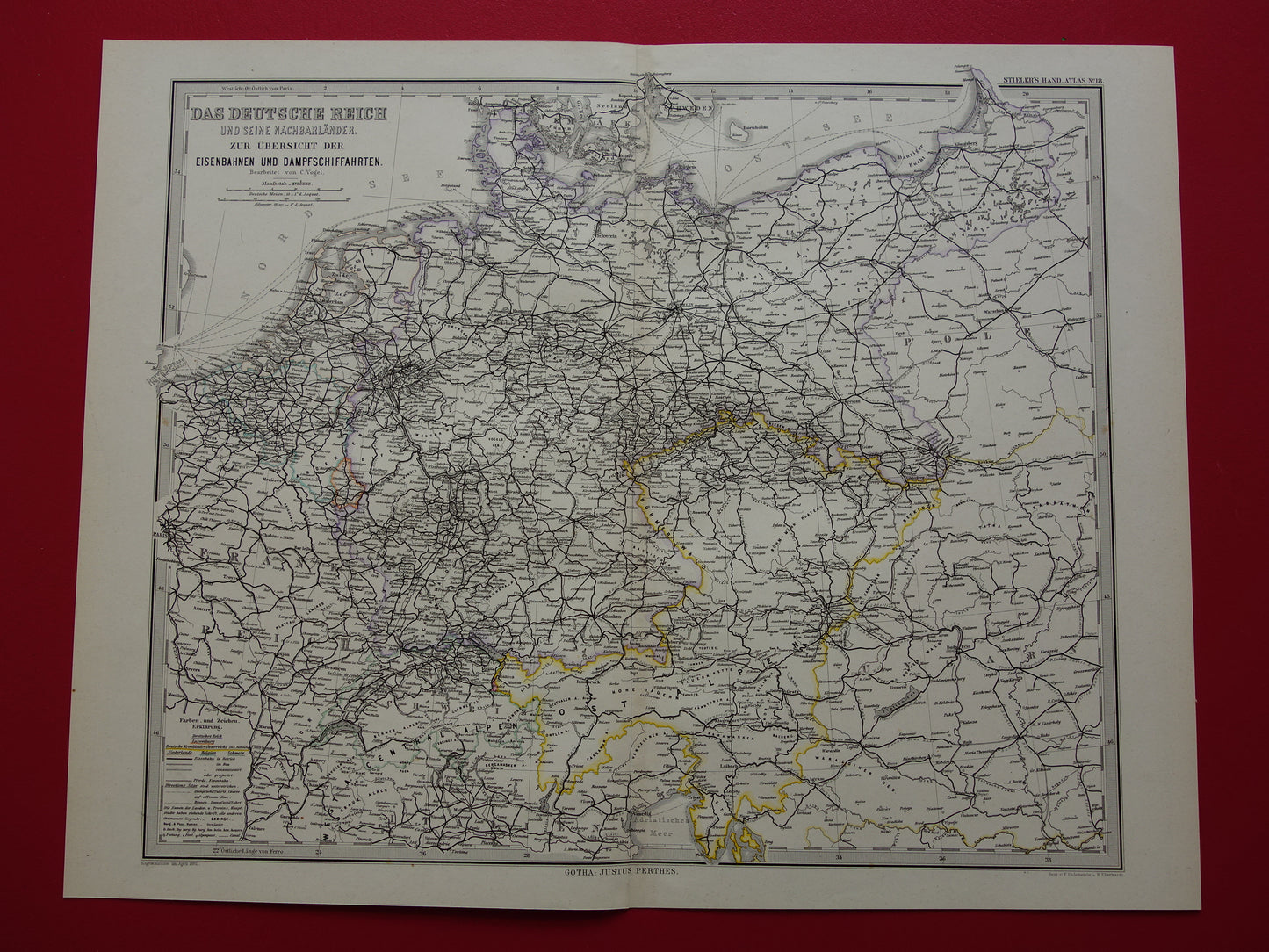 Antique map of Railways in Netherlands Germany original 140+ year old map railway lines central Europe railway map