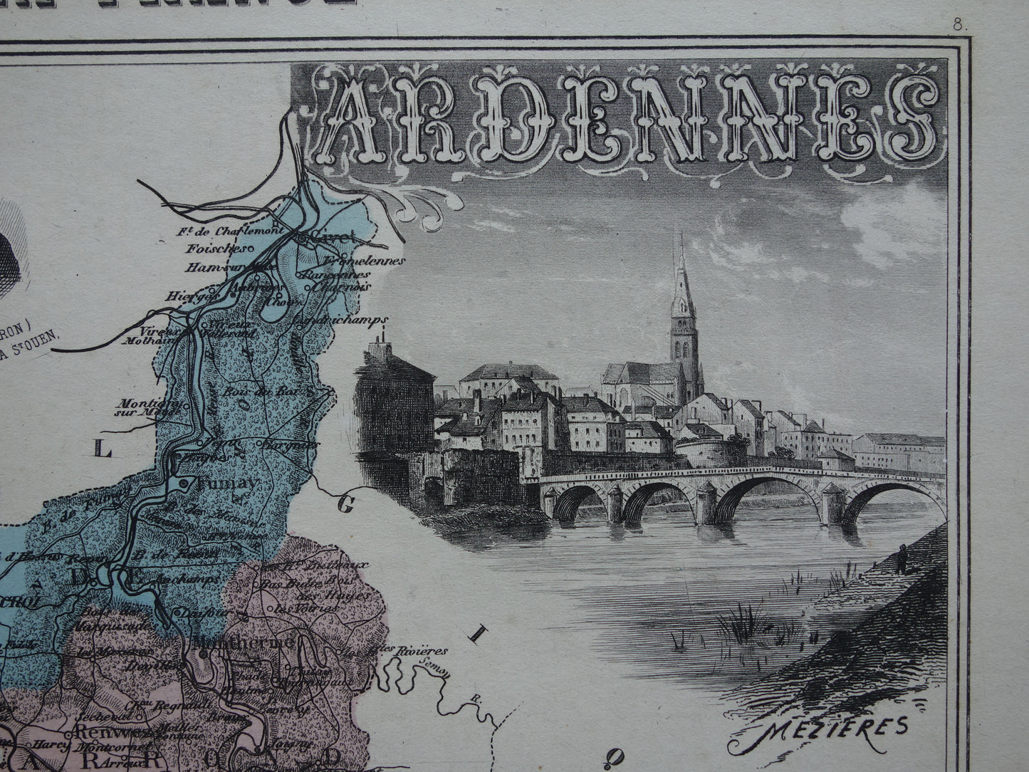 Alte Karte des Départements Ardennes in Frankreich aus dem Jahr 1886, originale antike handkolorierte Karte, Charleville, Mézières, Rethel, Sedan, Revin, Ardennes