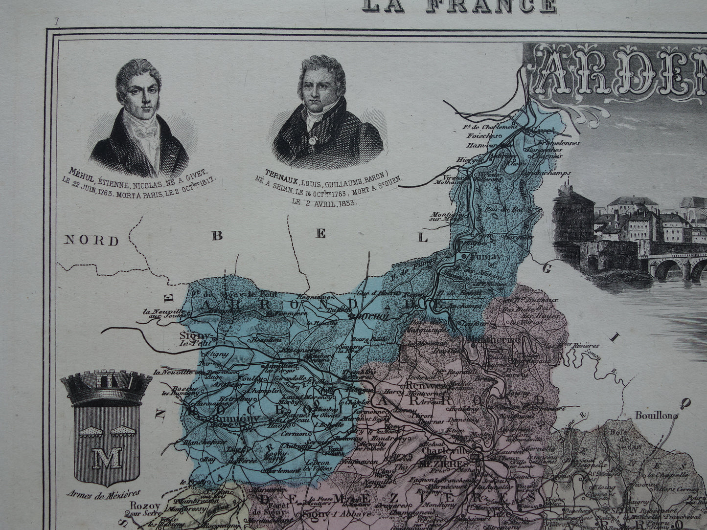 Alte Karte des Départements Ardennes in Frankreich aus dem Jahr 1886, originale antike handkolorierte Karte, Charleville, Mézières, Rethel, Sedan, Revin, Ardennes