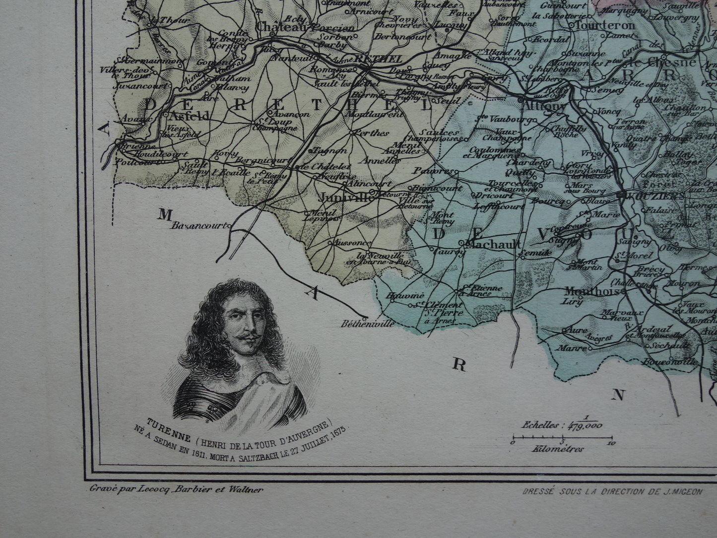 Alte Karte des Départements Ardennes in Frankreich aus dem Jahr 1886, originale antike handkolorierte Karte, Charleville, Mézières, Rethel, Sedan, Revin, Ardennes