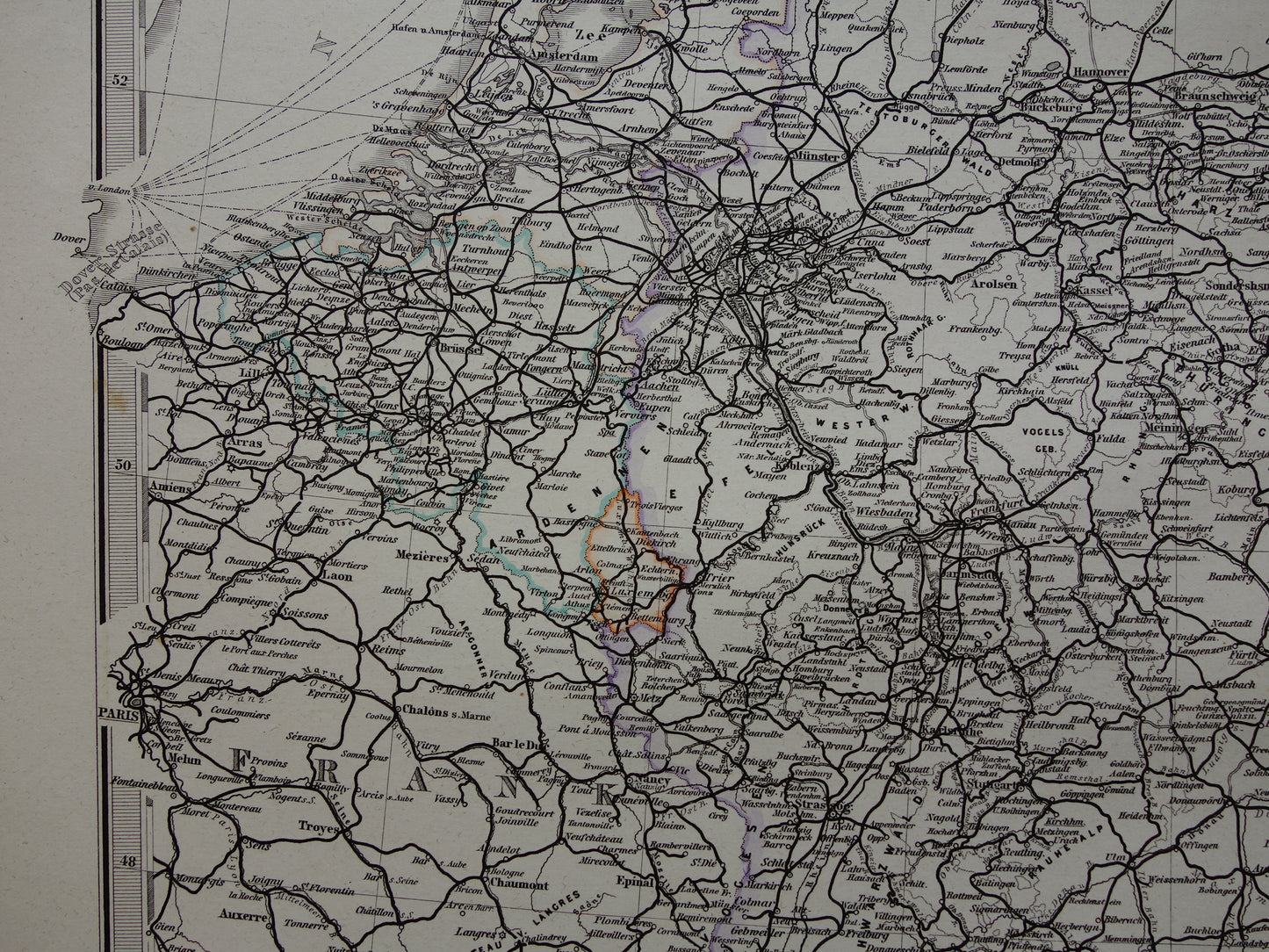 Antique map of Railways in Netherlands Germany original 140+ year old map railway lines central Europe railway map