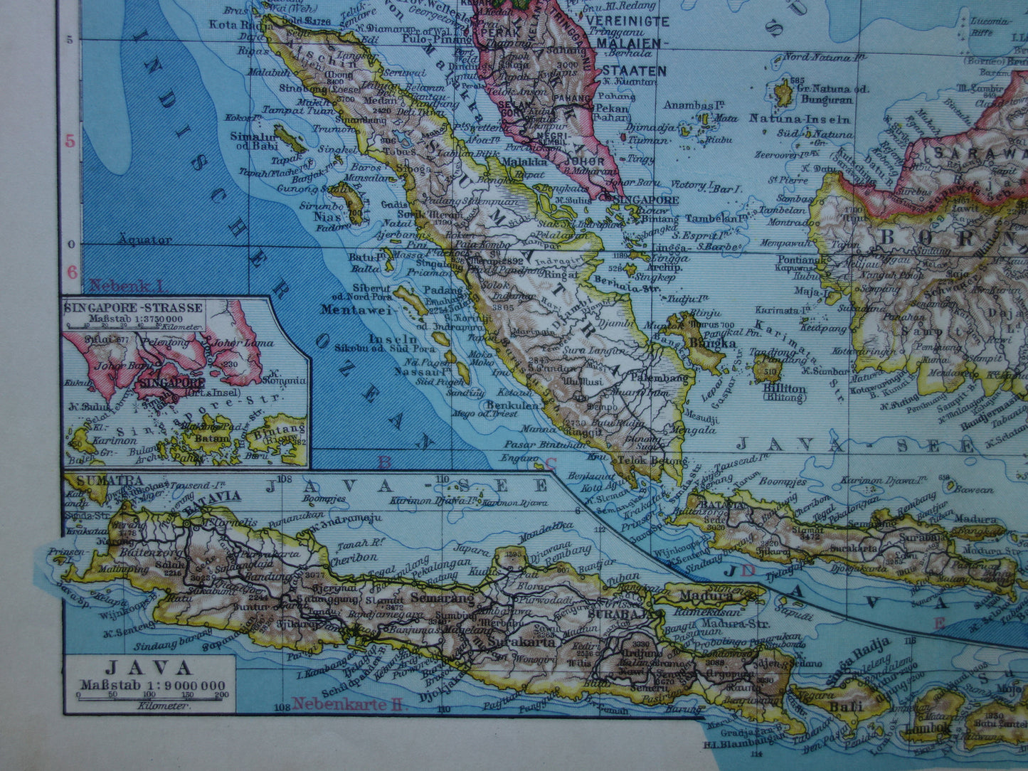 INDONESIA old map of Indonesia Philippines Southeast Asia 1928 original vintage German map Batavia Singapore Aceh Java