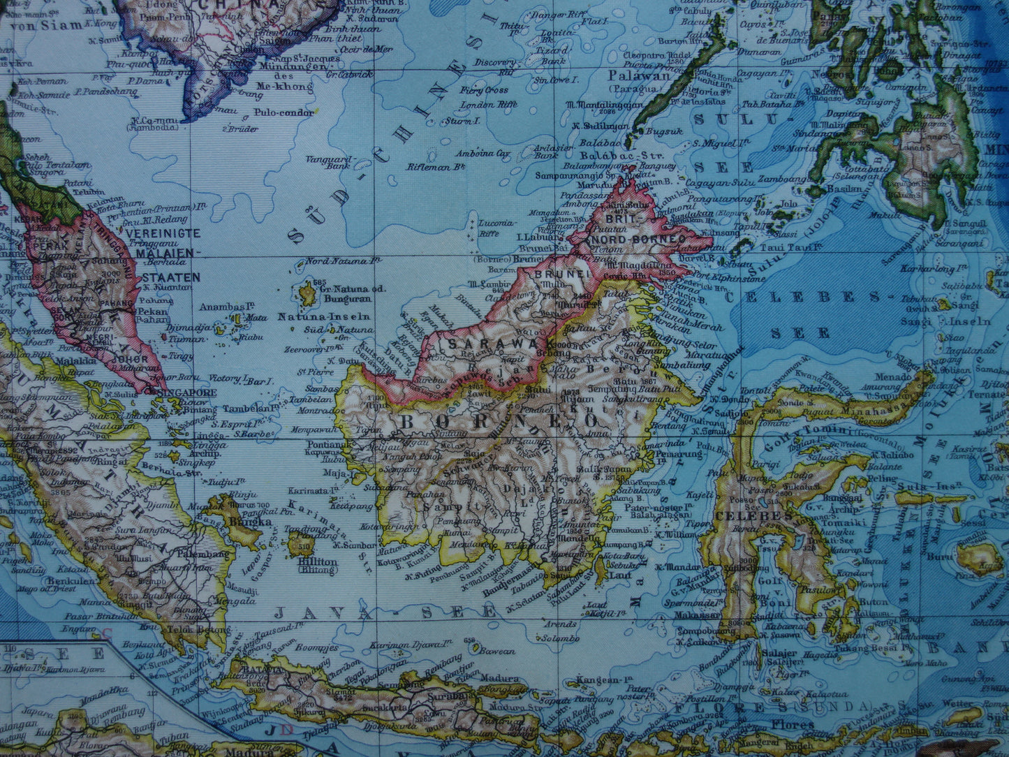 INDONESIA old map of Indonesia Philippines Southeast Asia 1928 original vintage German map Batavia Singapore Aceh Java