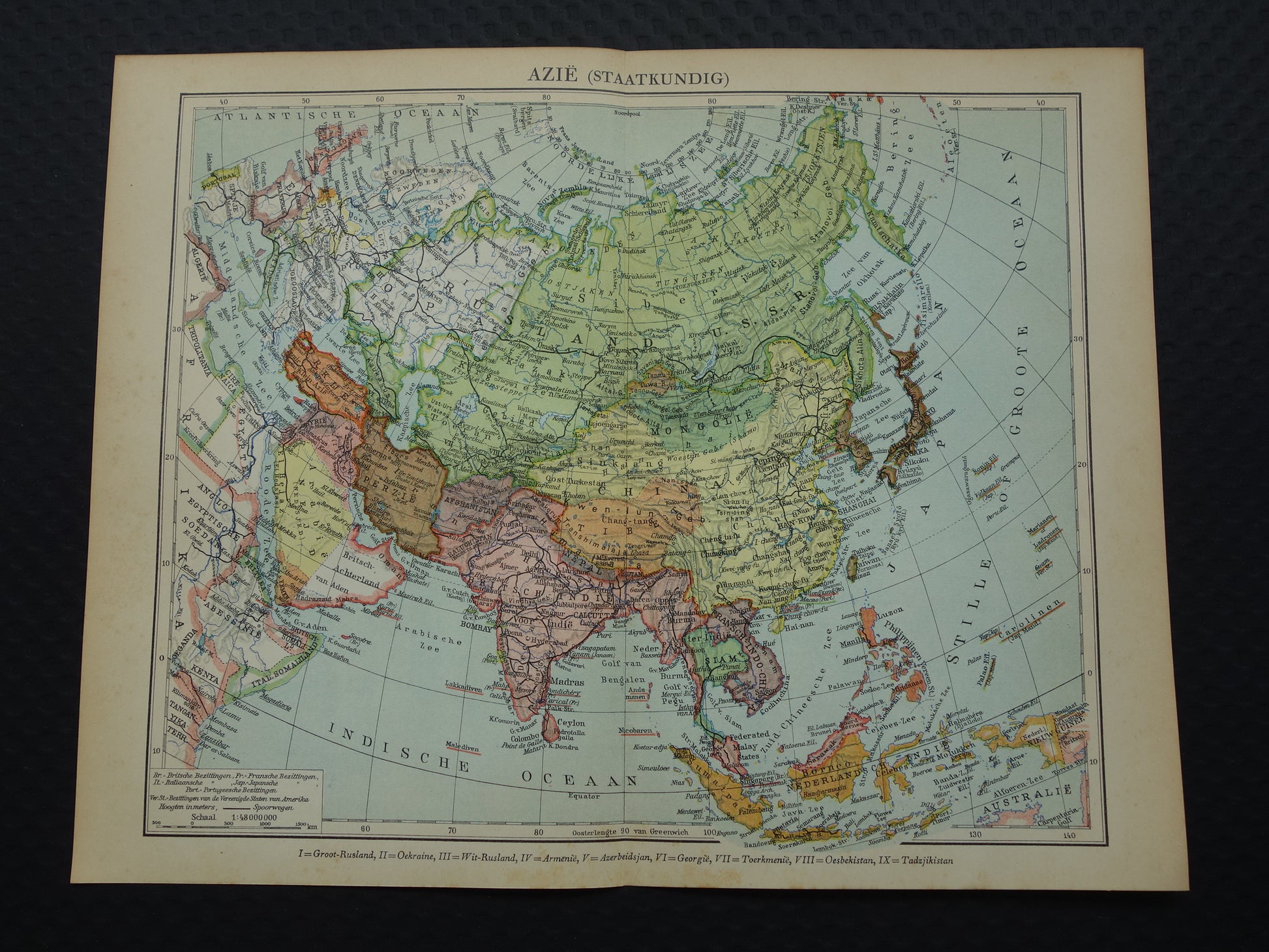AZIË oude landkaart van continent Azië uit 1936 originele Nederlandse vintage kaart
