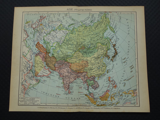 AZIË oude landkaart van continent Azië uit 1936 originele Nederlandse vintage kaart