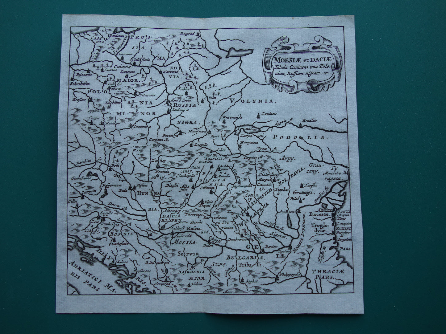 Oude kaart van Polen Roemenië Dacië Moesë in de oudheid 1661 originele antieke landkaart klein formaat Moesiae et Daciae Cluver