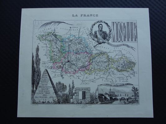Moselle Oude Kaart van departement in Frankrijk uit 1856 originele antieke handgekleurde landkaart Metz