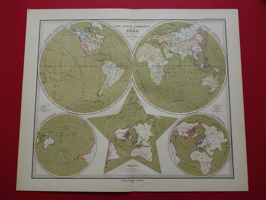 WORLD MAP large old map of the World from 1880 original vintage map largest land mass water mass with date
