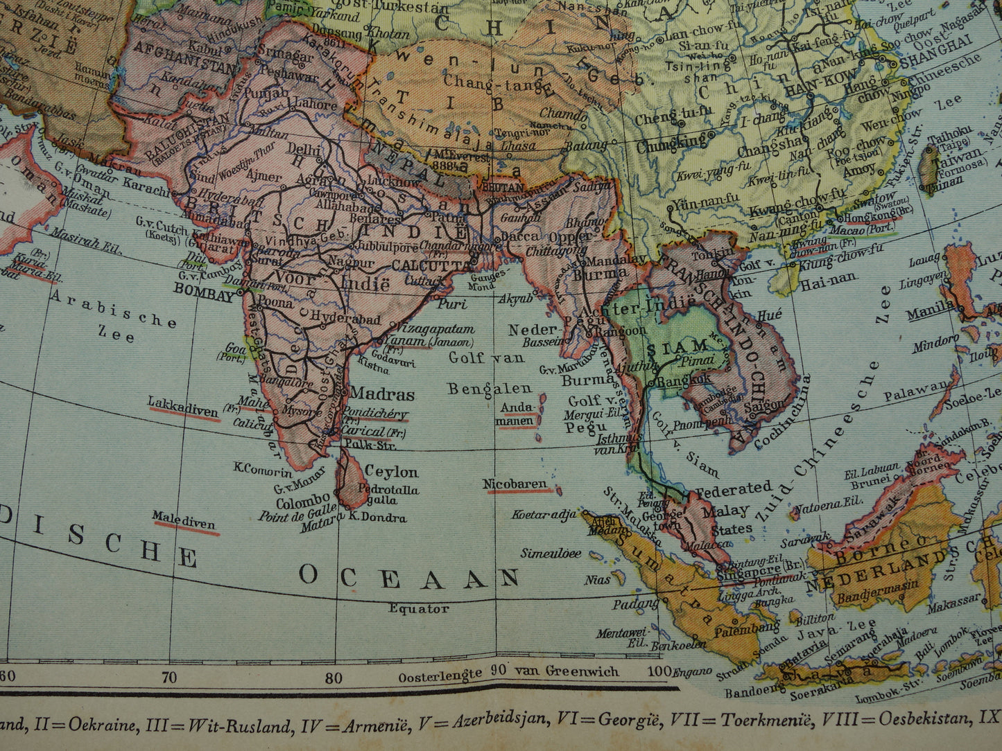 ASIEN alte Karte des Kontinents Asien von 1936 originale niederländische Vintage-Karte