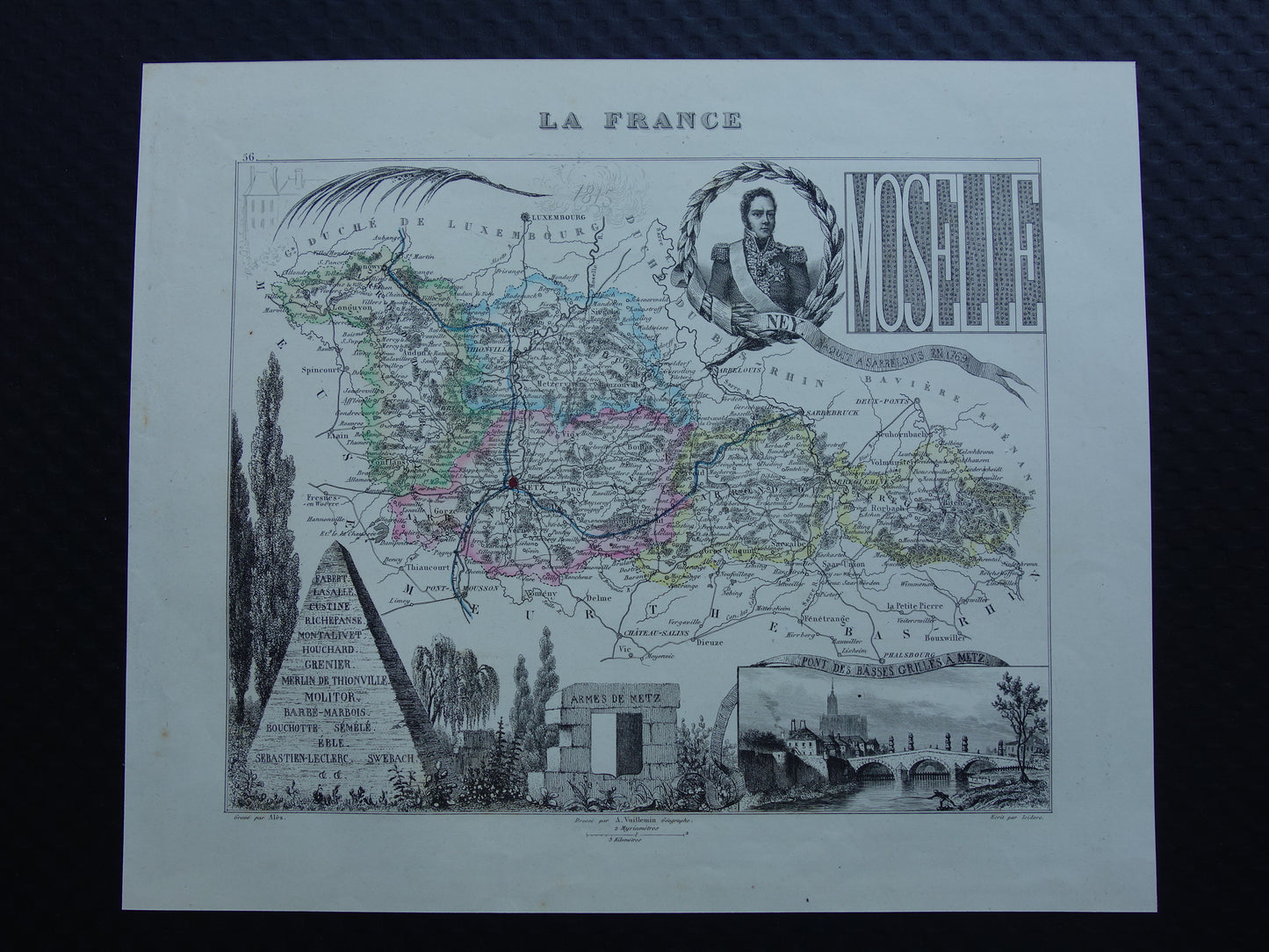 Moselle Oude Kaart van departement in Frankrijk uit 1856 originele antieke handgekleurde landkaart Metz