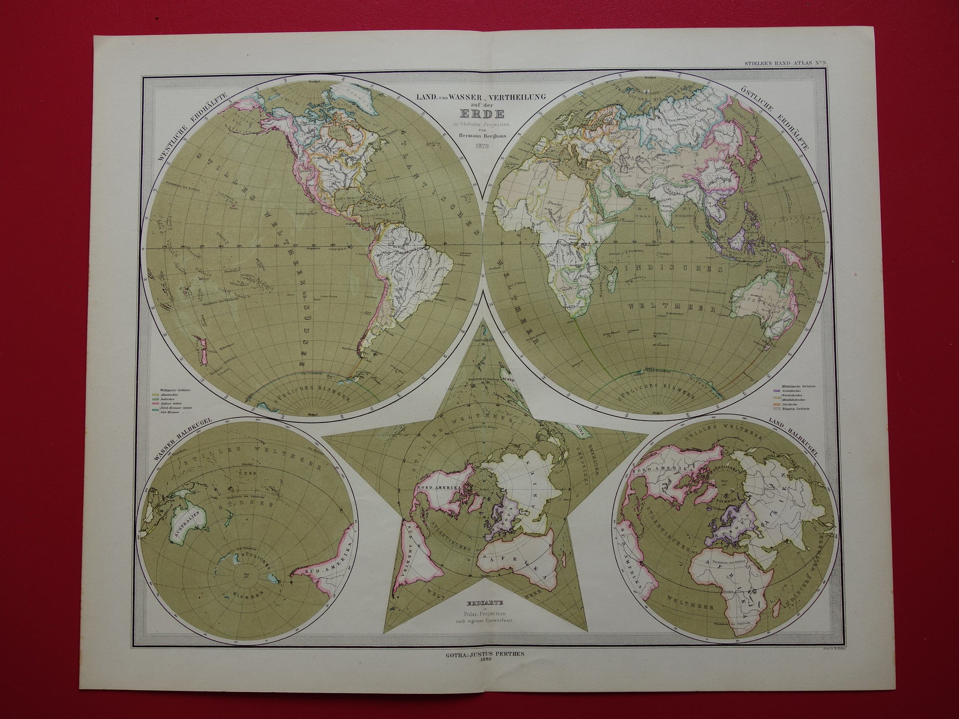 WERELDKAART grote oude kaart van de Wereld uit 1880 originele vintage landkaart grootste landmassa watermassa met datum