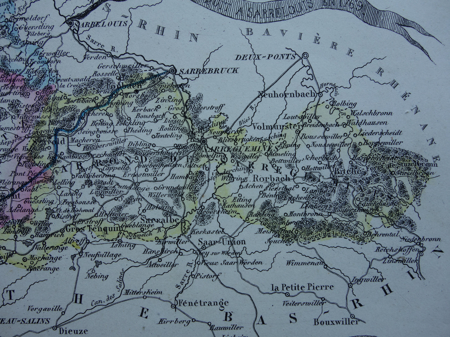 Moselle Oude Kaart van departement in Frankrijk uit 1856 originele antieke handgekleurde landkaart Metz