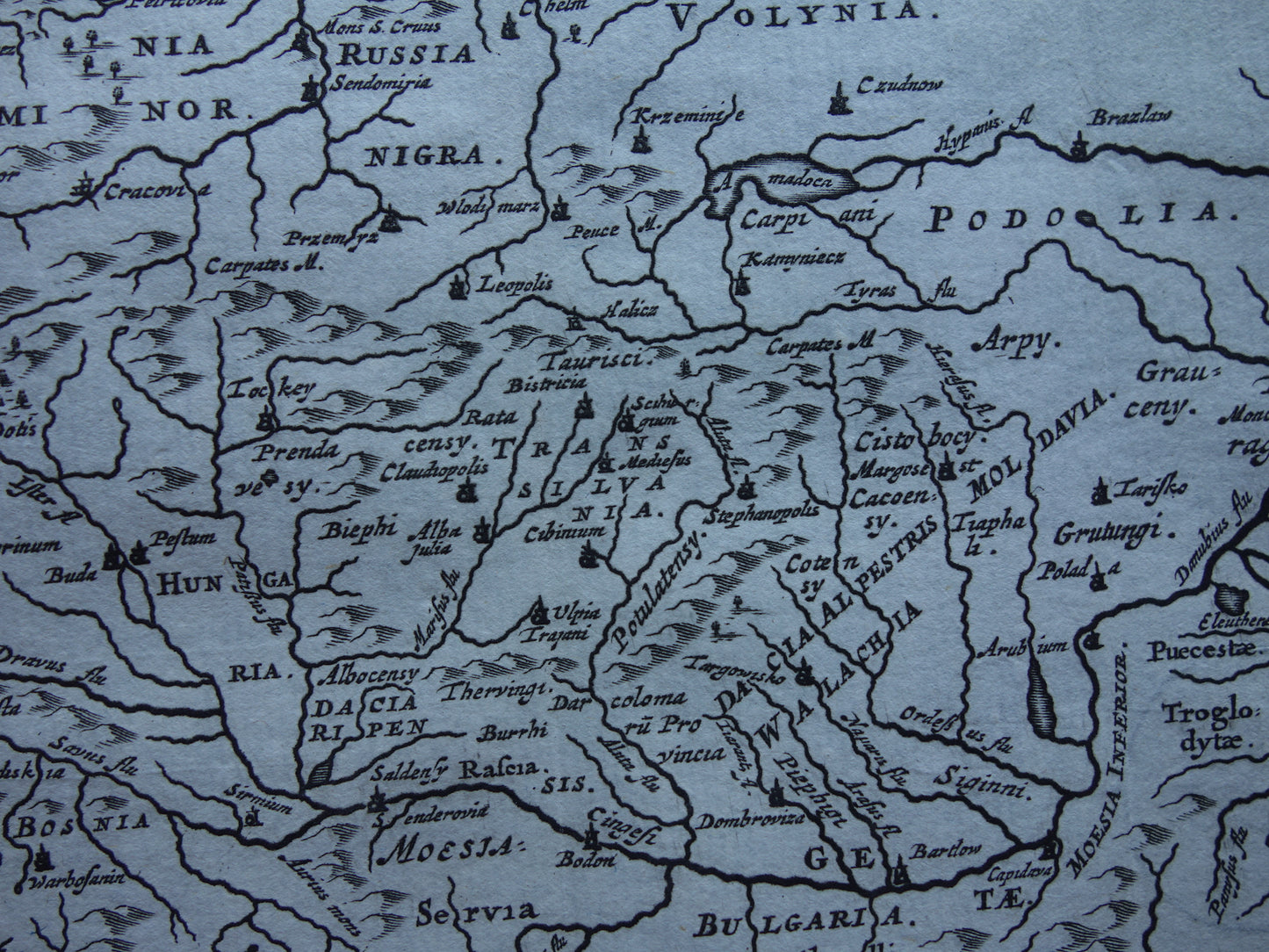 Oude kaart van Polen Roemenië Dacië Moesë in de oudheid 1661 originele antieke landkaart klein formaat Moesiae et Daciae Cluver