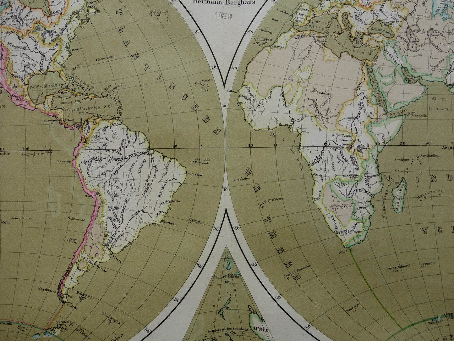 WORLD MAP large old map of the World from 1880 original vintage map largest land mass water mass with date
