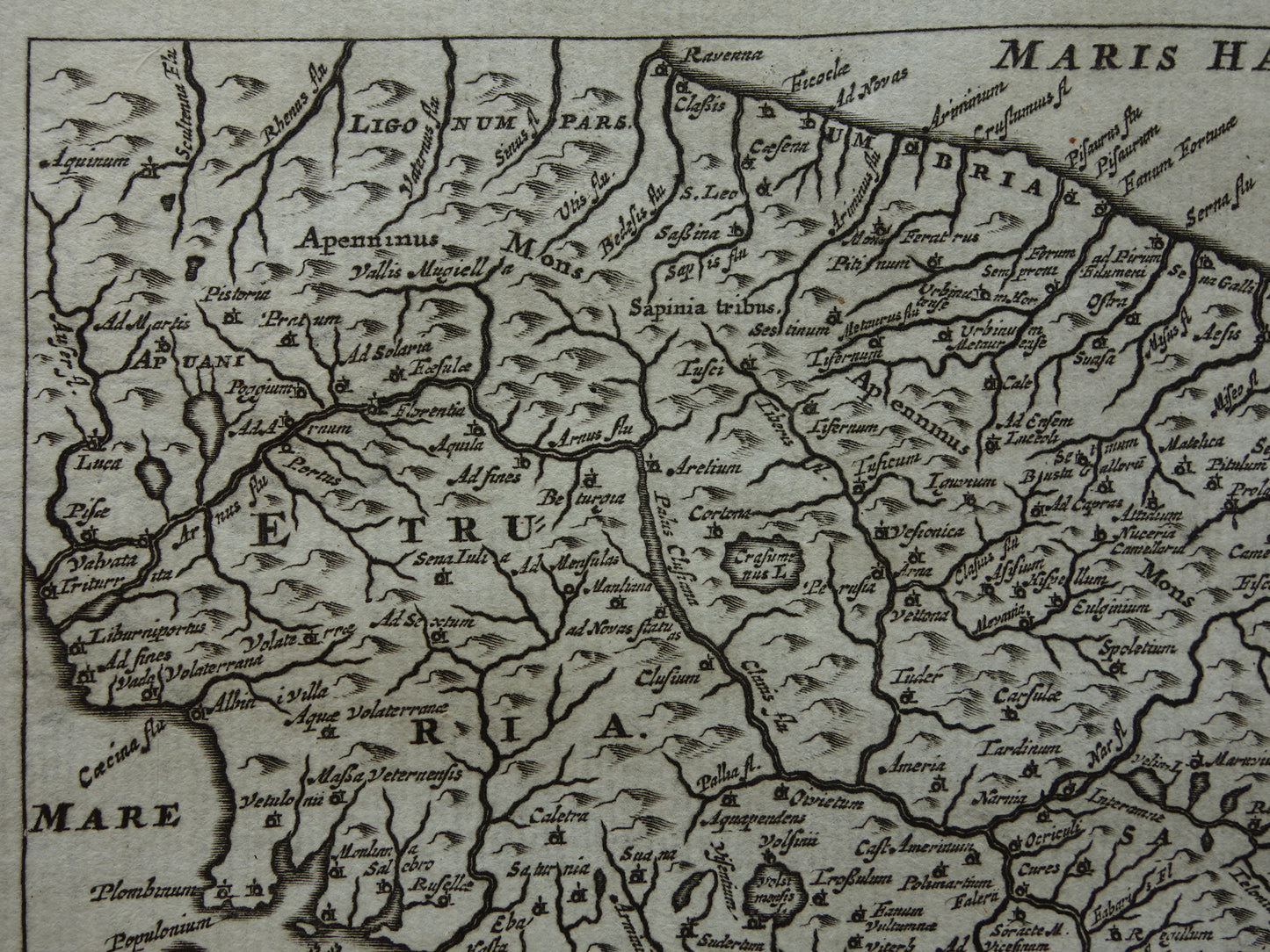 Italy 360+ year old map of Central Italy in antiquity 1661 original antique Dutch map small format Etruria Latium Umbria