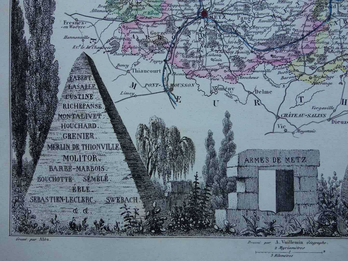 Moselle Oude Kaart van departement in Frankrijk uit 1856 originele antieke handgekleurde landkaart Metz