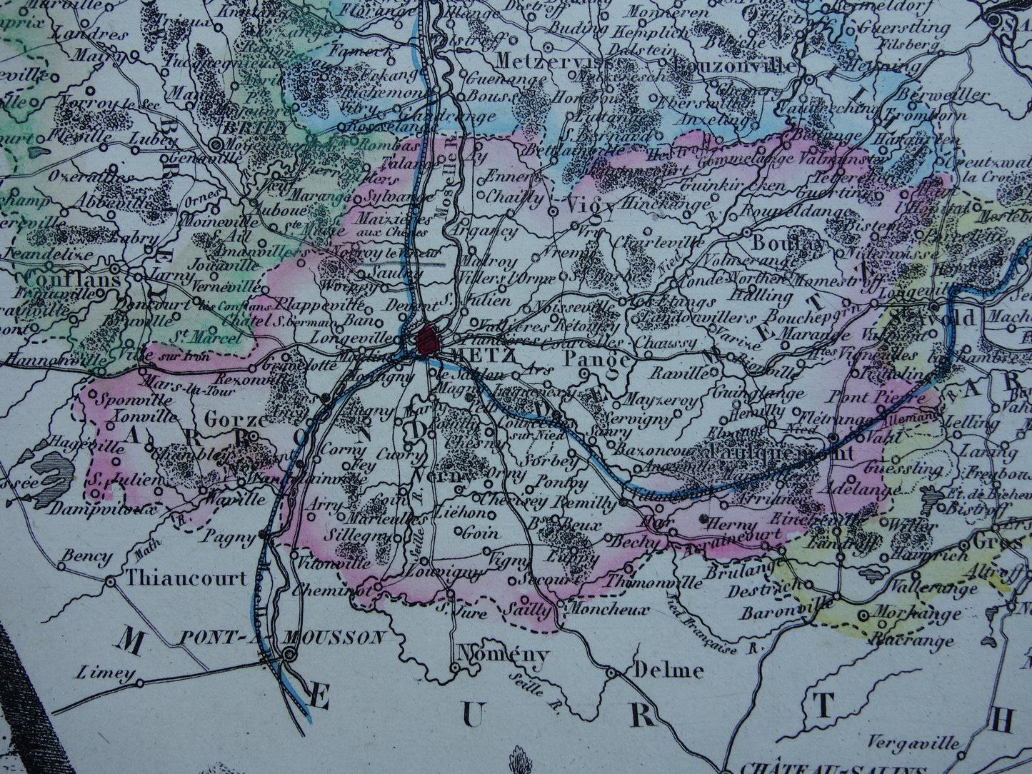 Moselle Oude Kaart van departement in Frankrijk uit 1856 originele antieke handgekleurde landkaart Metz