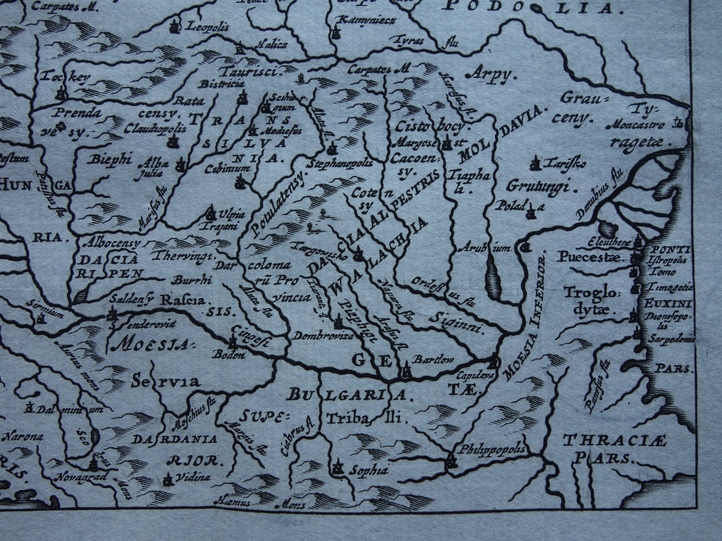 Oude kaart van Polen Roemenië Dacië Moesë in de oudheid 1661 originele antieke landkaart klein formaat Moesiae et Daciae Cluver