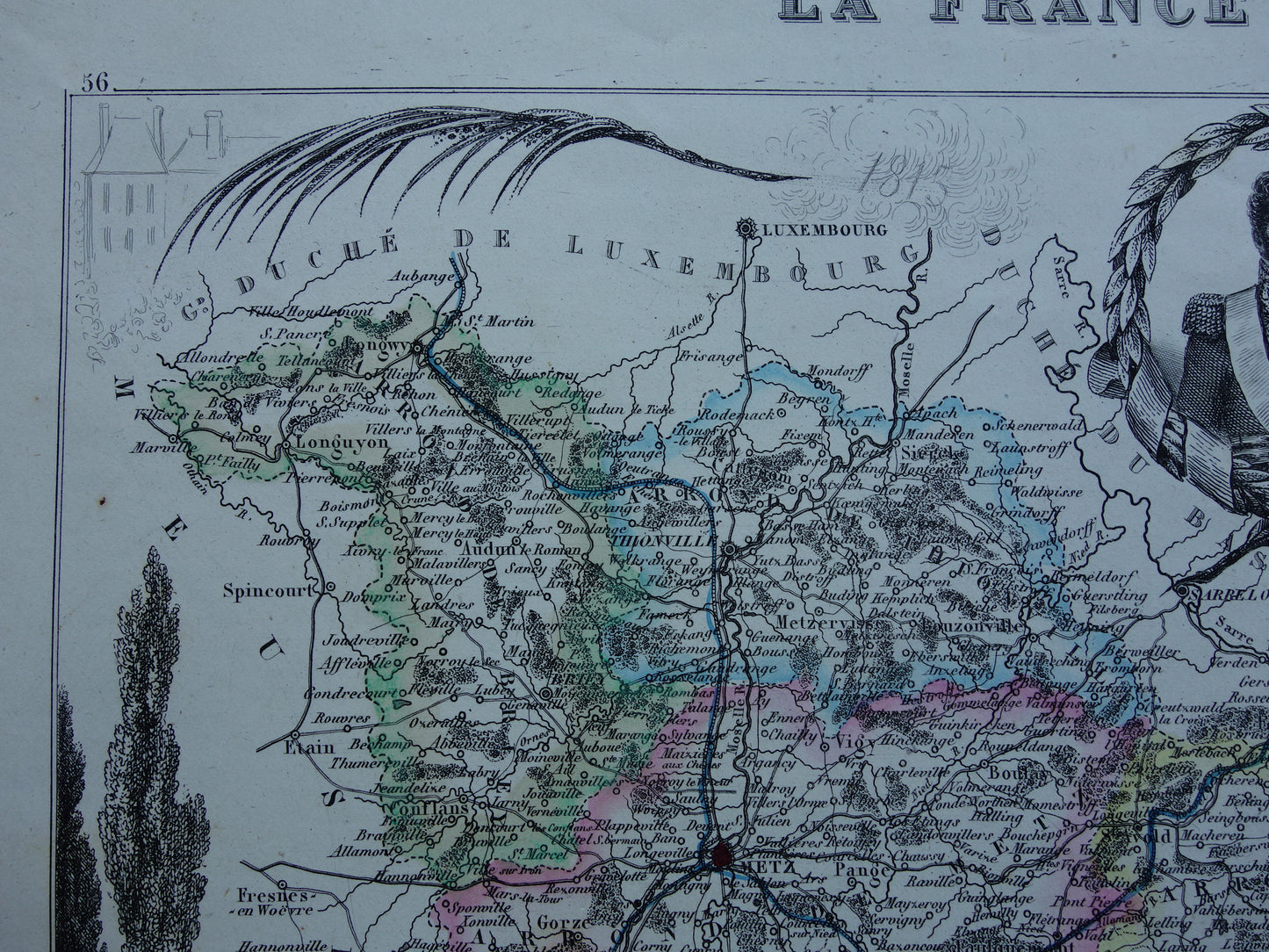 Moselle Oude Kaart van departement in Frankrijk uit 1856 originele antieke handgekleurde landkaart Metz