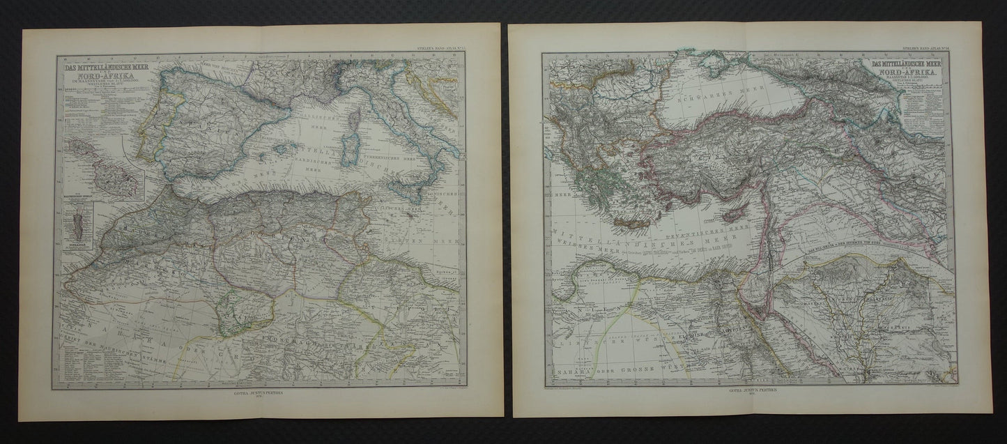 Middellandse Zee oude kaart van het Middellandse Zeegebied uit 1876 Originele antieke handgekleurde landkaart