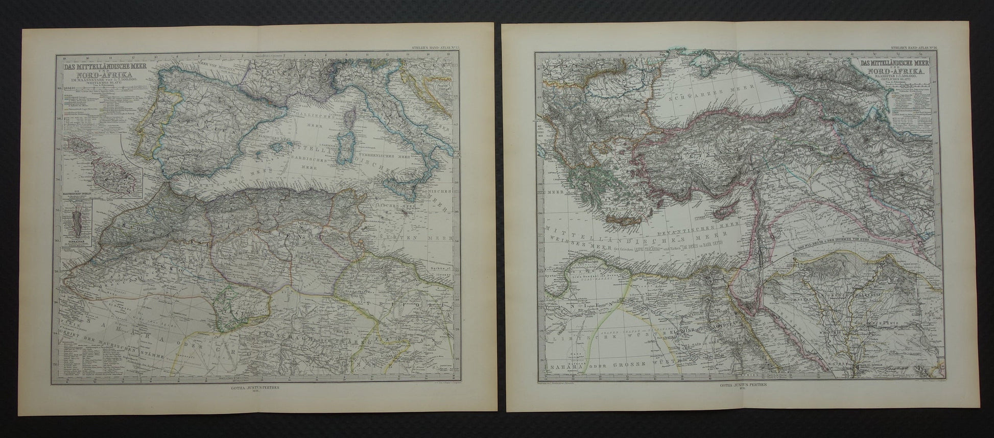 Middellandse Zee oude kaart van het Middellandse Zeegebied uit 1876 Originele antieke handgekleurde landkaart