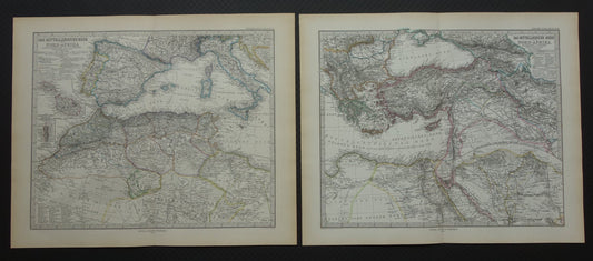 Middellandse Zee oude kaart van het Middellandse Zeegebied uit 1876 Originele antieke handgekleurde landkaart