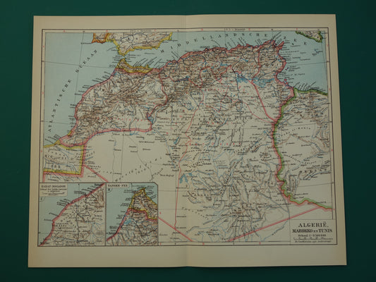 Oude kaart van Marokko Algerije en Tunesië uit 1932 originele vintage Nederlandse landkaart Rabat Tanger Fez