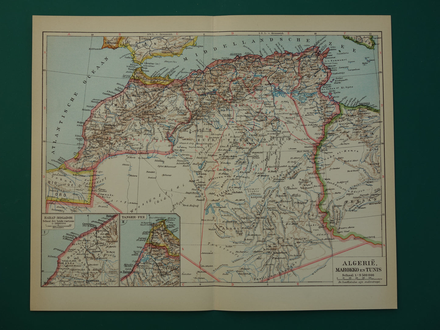 Oude kaart van Marokko Algerije en Tunesië uit 1932 originele vintage Nederlandse landkaart Rabat Tanger Fez