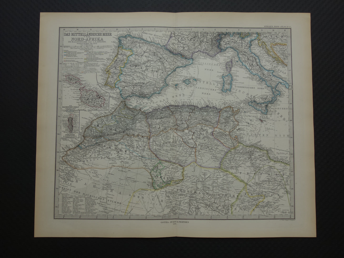 Mediterranean Sea old map of the Mediterranean from 1876 Original antique hand-colored map
