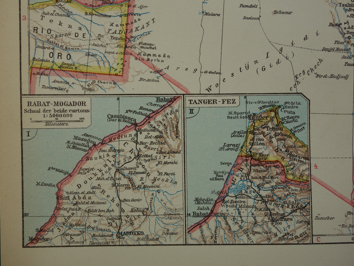Oude kaart van Marokko Algerije en Tunesië uit 1932 originele vintage Nederlandse landkaart Rabat Tanger Fez