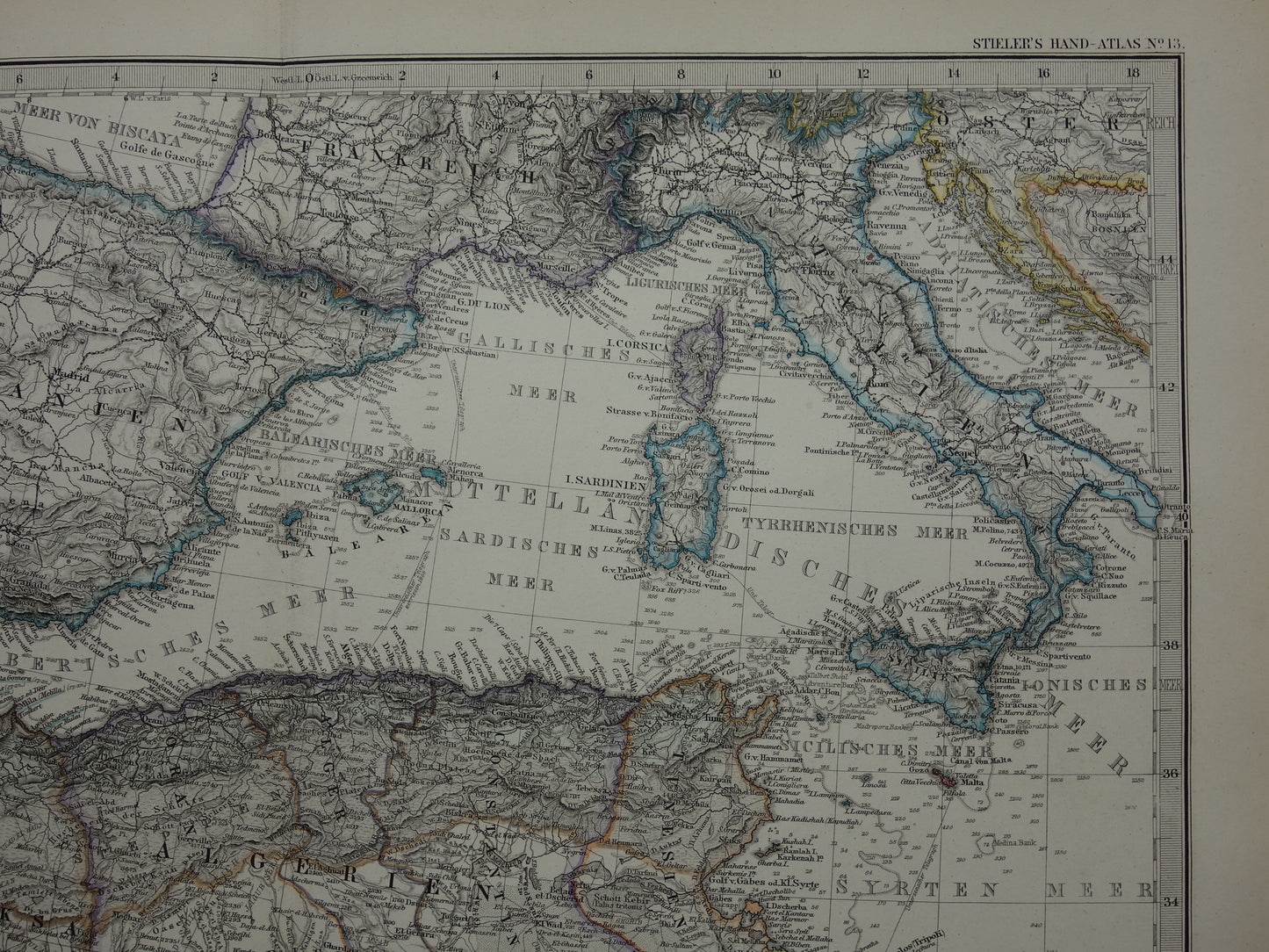 Mediterranean Sea old map of the Mediterranean from 1876 Original antique hand-colored map
