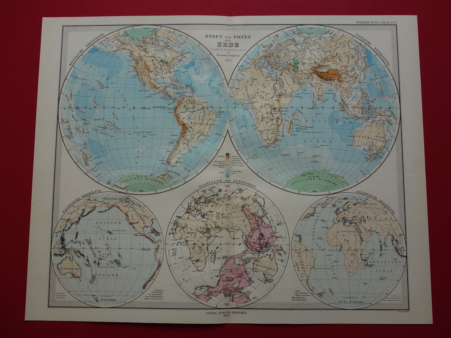 Wereldkaart oude Duitse hoogtekaart uit 1879 Originele antieke landkaart met jaartal