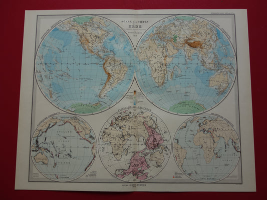 Wereldkaart oude Duitse hoogtekaart uit 1879 Originele antieke landkaart met jaartal