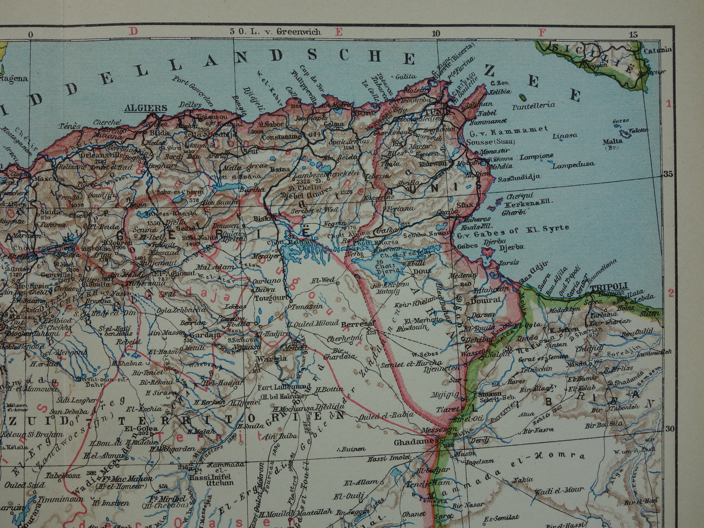 Oude kaart van Marokko Algerije en Tunesië uit 1932 originele vintage Nederlandse landkaart Rabat Tanger Fez