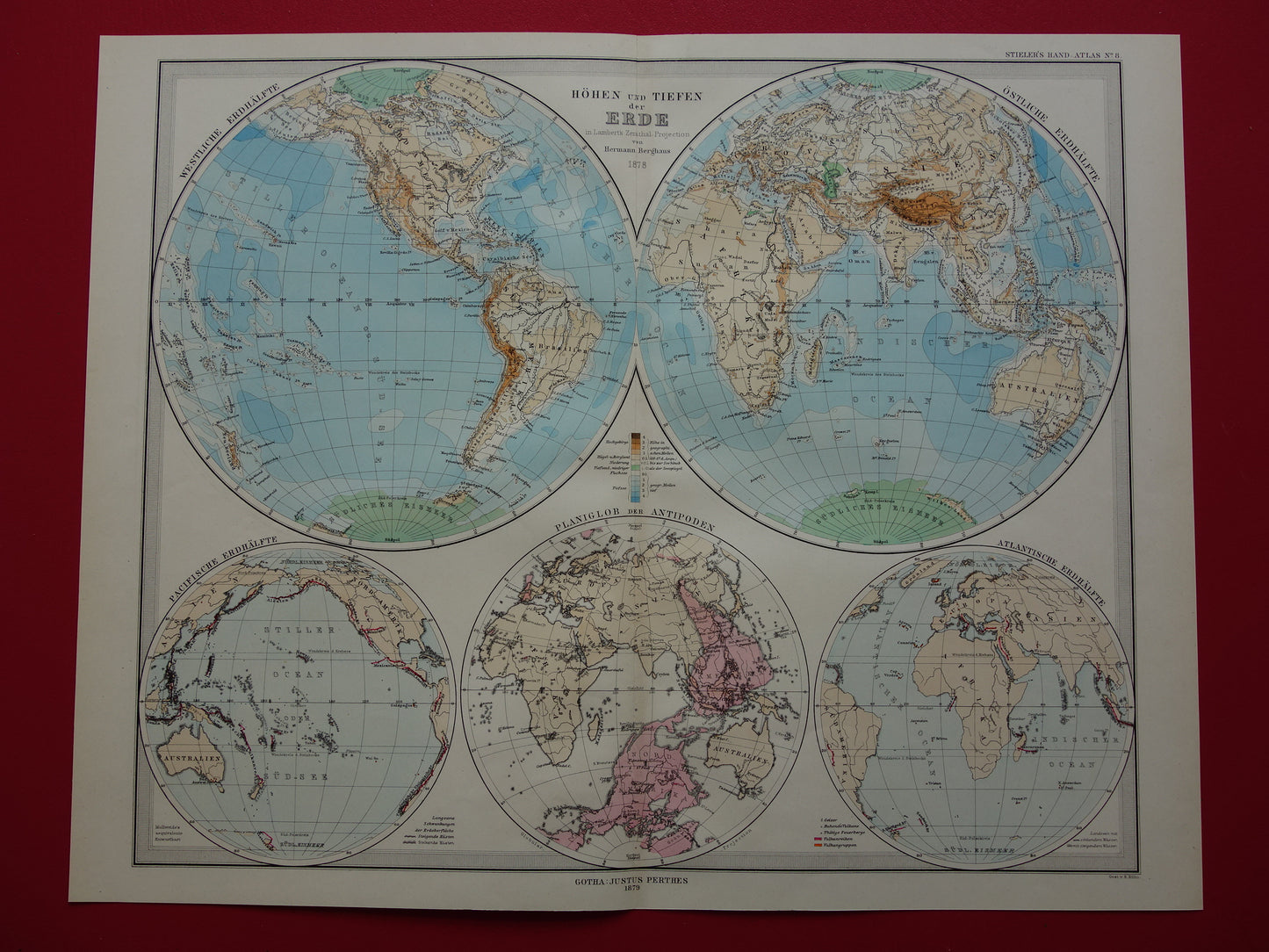 World map old German elevation map from 1879 Original antique map with date