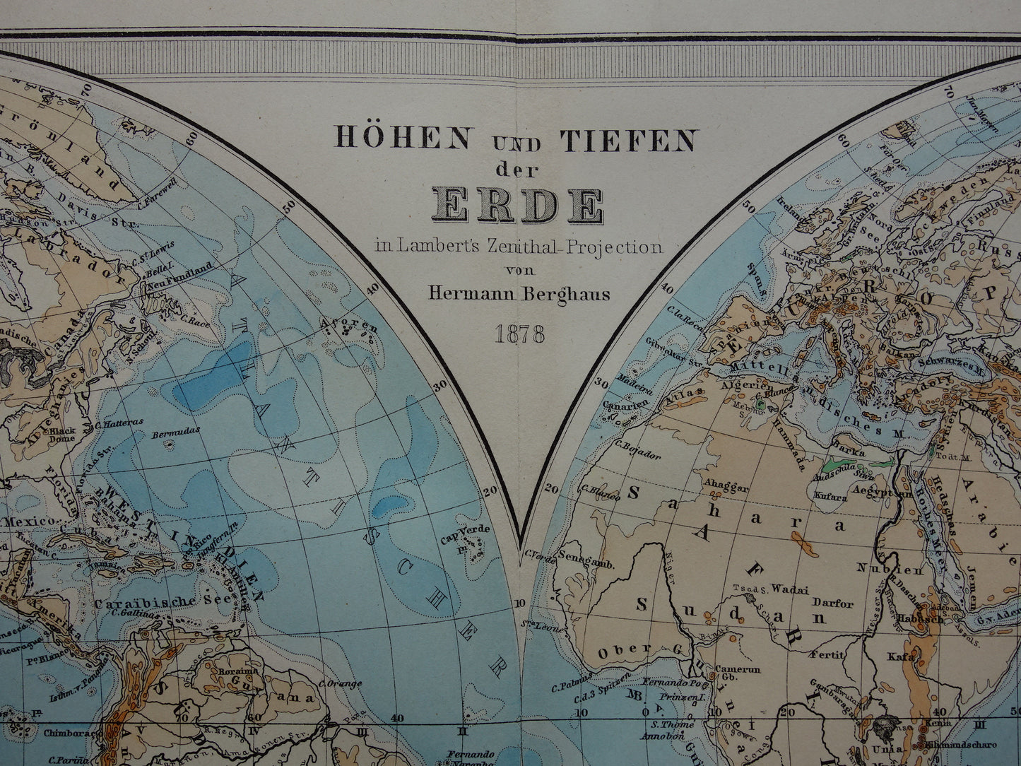 World map old German elevation map from 1879 Original antique map with date