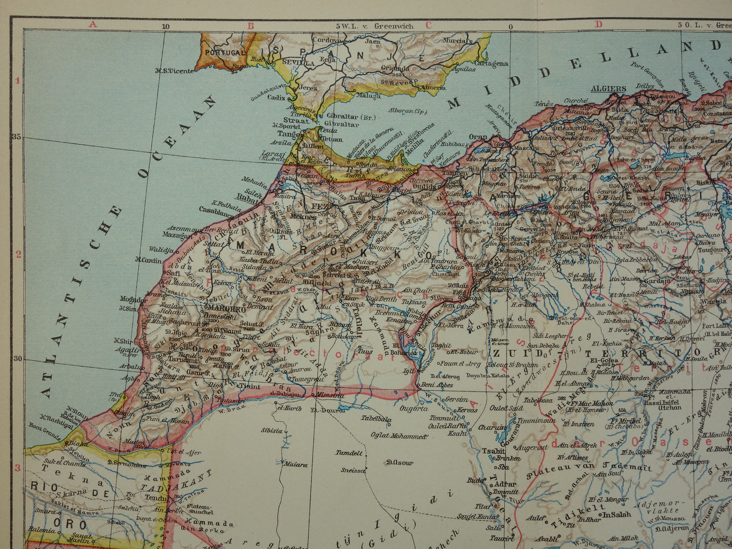 Oude kaart van Marokko Algerije en Tunesië uit 1932 originele vintage Nederlandse landkaart Rabat Tanger Fez