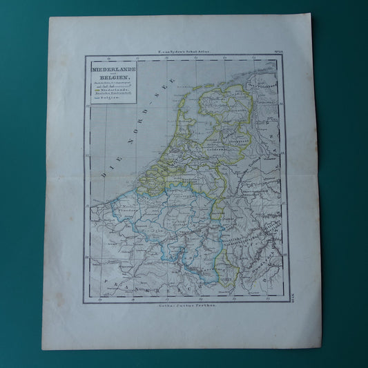 Oude landkaart van NEDERLAND en BELGIË uit 1869 Antieke Duitse kaart Benelux vintage print