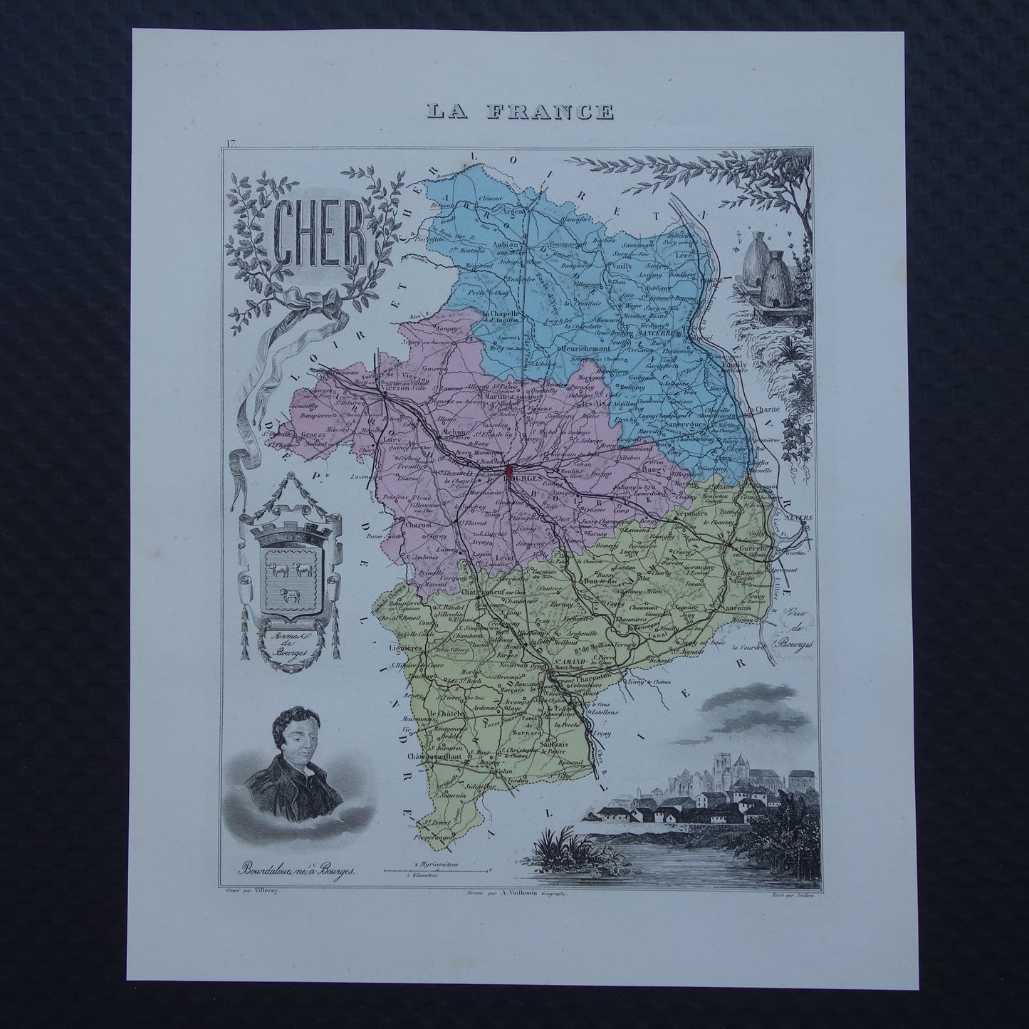 Vintage kaart van Cher departement in Frankrijk uit 1876 originele oude antieke landkaart Bourges Vierzon Baugy